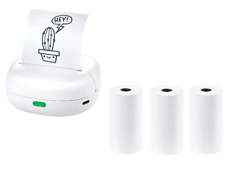 Witte miniprinter met cactusafbeelding en drie papierrollen.