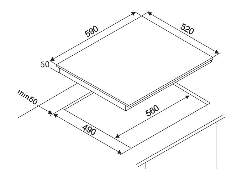Technische tekening van een kookplaat met afmetingen: 590x520mm oppervlak, 560x490mm uitsparing en 50mm diepte.