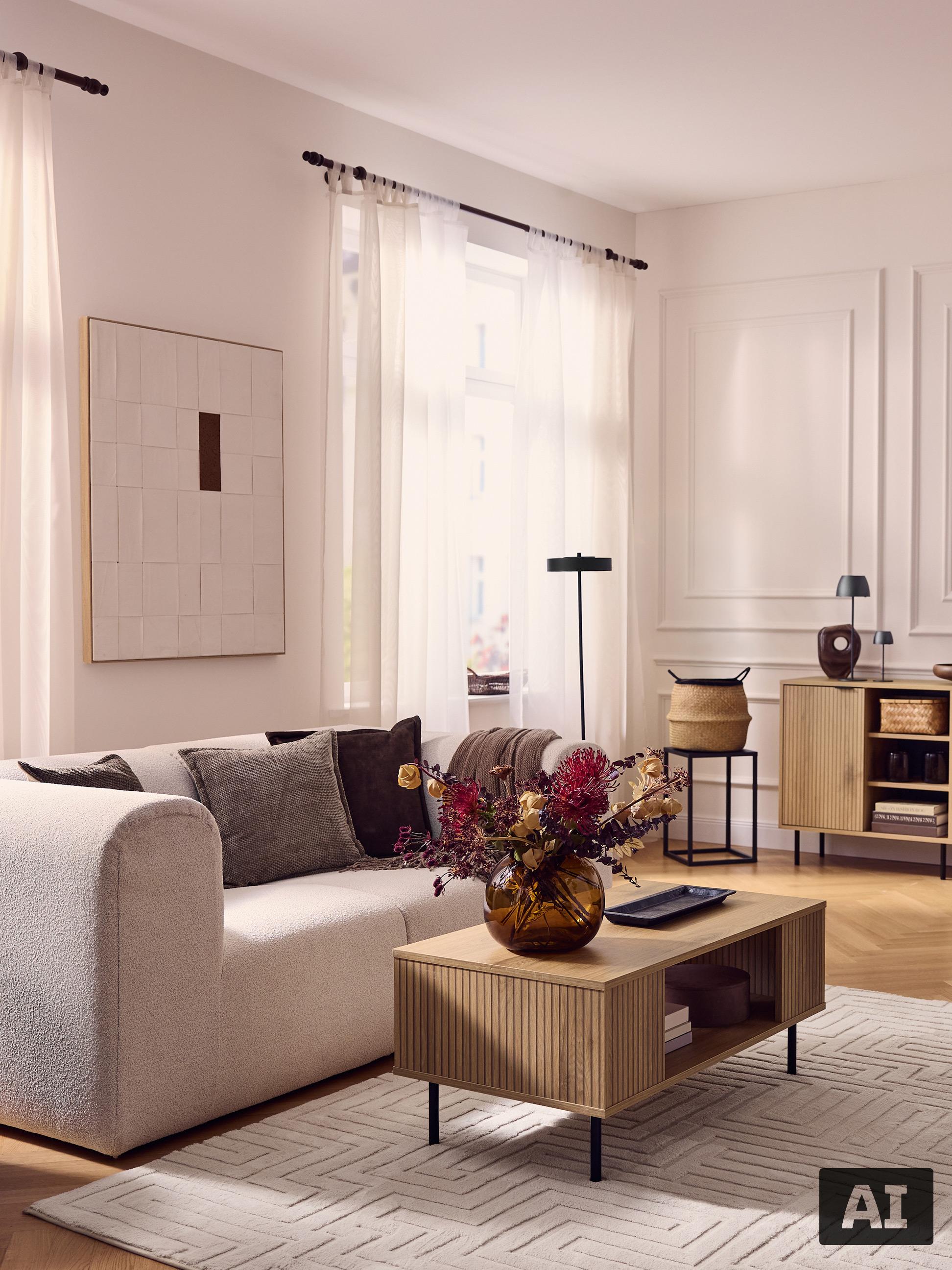 Woonkamer met lichte bank, houten salontafel en bloemen in een vaas.