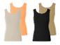 Twee geribbelde tanktops, beige en zwart, plus nog twee in oranje en lichtbeige.