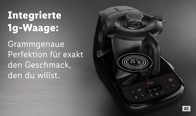 Monsieur Cuisine compact naast een tablet met geopende Monsieur Cuisine app die Guided Cooking instructies weergeeft. (Met AI-watermerk)