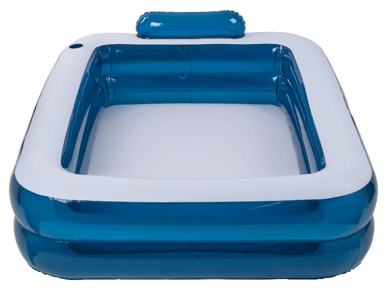 Blauw opblaasbaar zwembad met hoofdsteun.