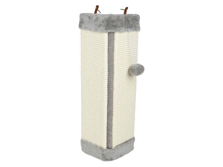 Beige sisal krabplank voor katten met grijze pluche randen en een hangende speelbal.