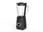 Zwarte blender met glazen kan en bedieningsknop op een witte achtergrond.