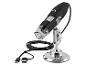Zwarte USB digitale microscoop met chromen standaard en kabel.