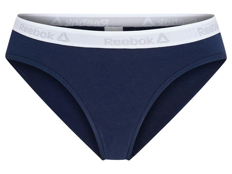 Blauwe Reebok slip met witte tailleband en logo.