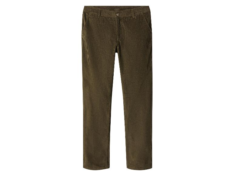 Donkergroene corduroy broek met rechte pijpen en knoopsluiting.