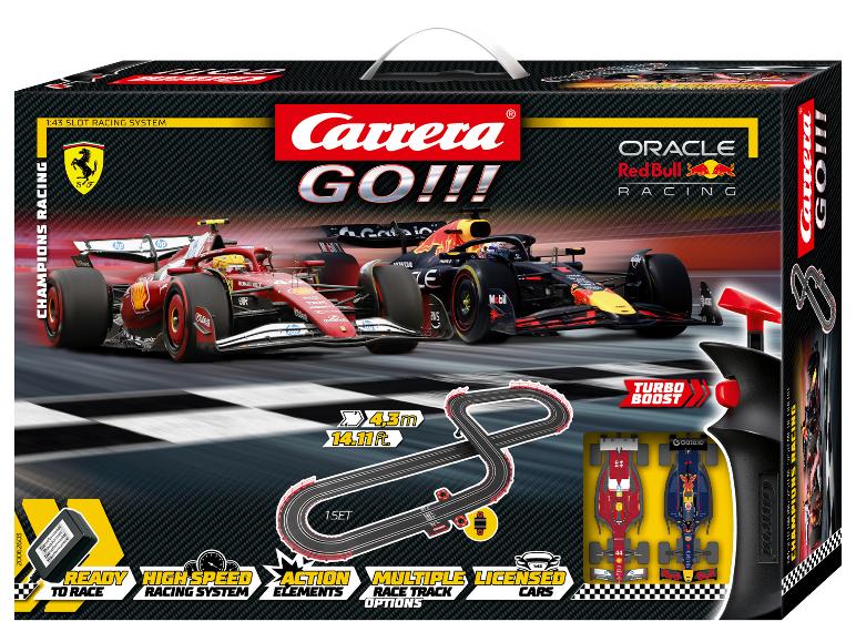 Carrera GO!!! Champions Racing racebaan doos met Ferrari en Red Bull F1-auto's.