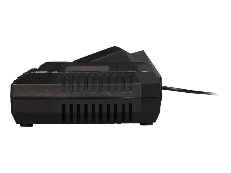 Zwarte acculader met kabel, zijaanzicht