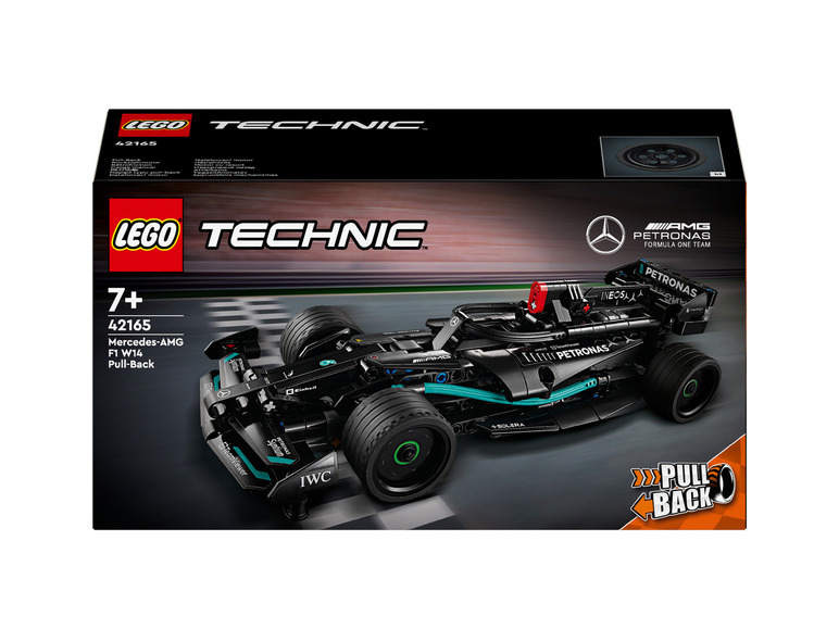 LEGO Technic bouwset van de Mercedes-AMG F1 W14 met pull-back functie.