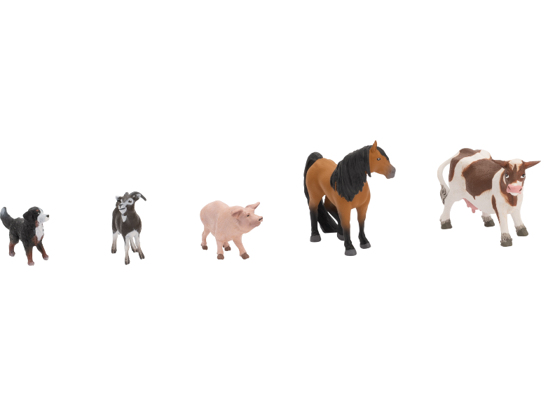 Speelgoedboerderijdieren: hond, geit, varken, paard en koe.