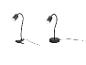 Twee zwarte LED-lampen met flexibele arm, één met klem, de andere met ronde voet.