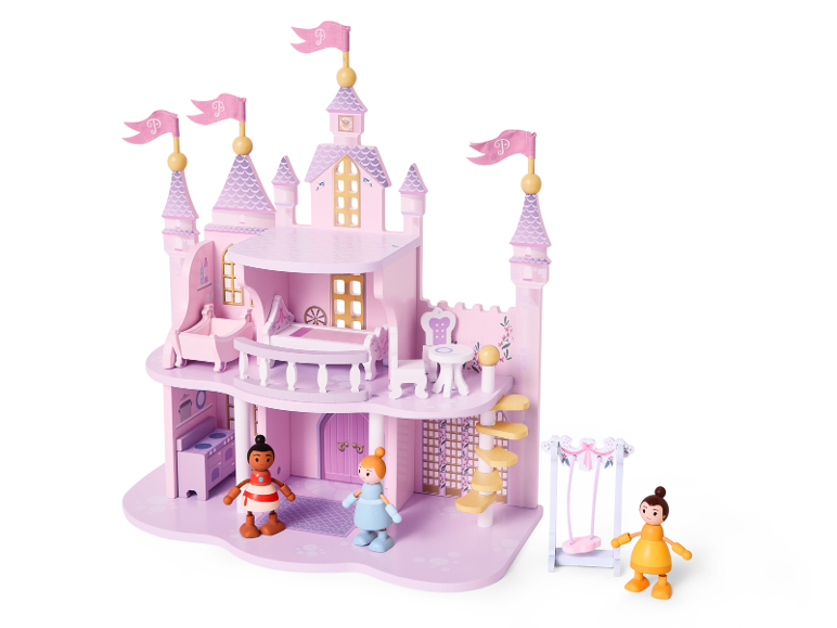 Roze poppenkasteel met figuren en schommel.