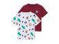Twee kinder t-shirts: één met dieren- en alfabetprint, één effen bordeauxrood.
