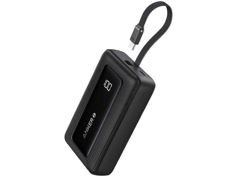 Zwarte draagbare powerbank met digitaal display '100' en geïntegreerde USB-C-kabel.