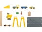 Houten speelgoedvoertuigen, bouwvakkersfiguur en railaccessoires.