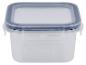 Een transparante plastic container met een blauw deksel.