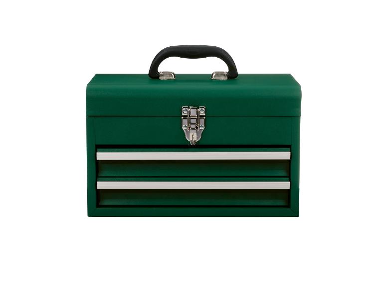 Groene gereedschapskist met twee laden en zwart handvat