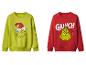 Twee Grinch-sweaters, één groen en één rood, met kerstprints.