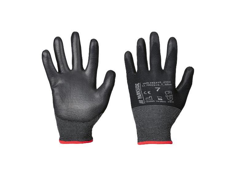 Een paar zwarte Parkside werkhandschoenen met rode rand en witte opdruk.