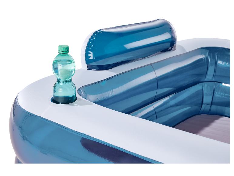 Blauw opblaasbaar zwembad met bekerhouder en hoofdsteun.