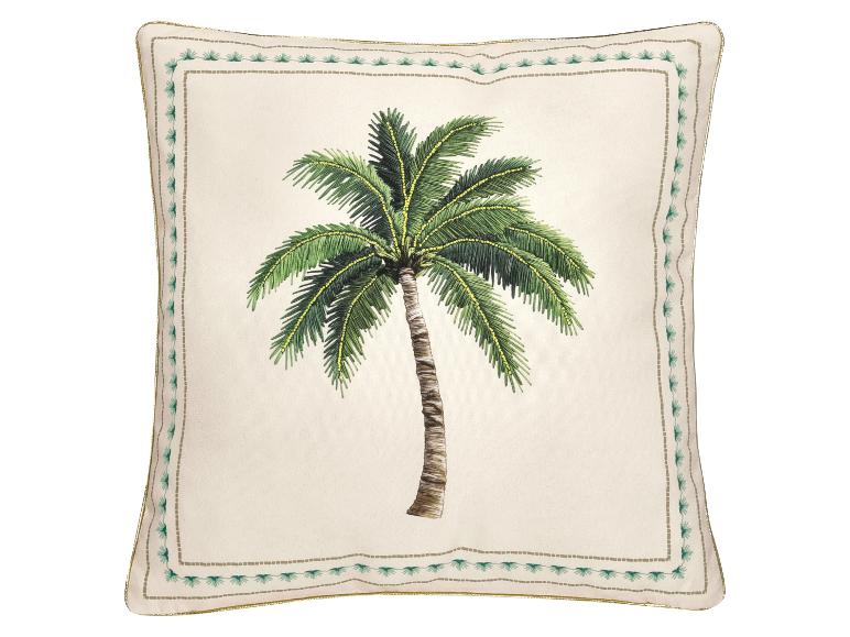Crèmekleurig kussen met geborduurde palmboom en groene rand