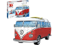 3D-puzzel van een rood-witte kampeerbus met een surfplank op het dak en de bijbehorende doos.