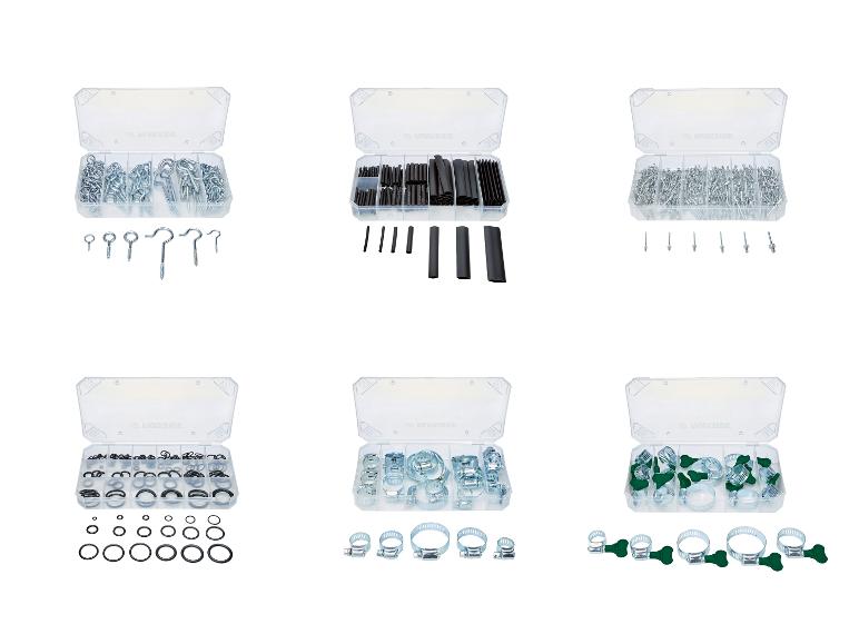 Diverse sets bevestigingsmaterialen, waaronder haken, klinknagels, O-ringen en klemmen.