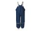 Blauwe kinderregenbroek met verstelbare bandjes en reflecterende details.