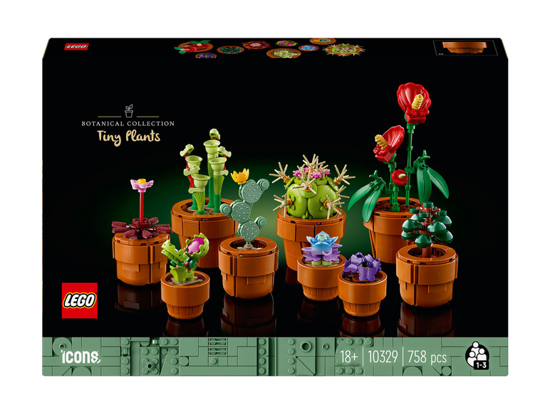 Lego Icons set met kleine planten, waaronder een cactus en een vleesetende plant.