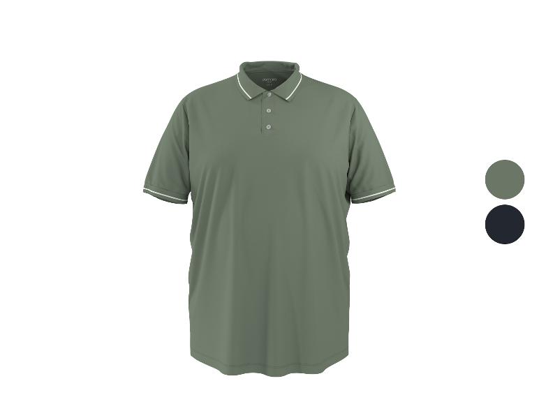 Olijfgroen heren poloshirt met witte strepen op de kraag en mouwen.