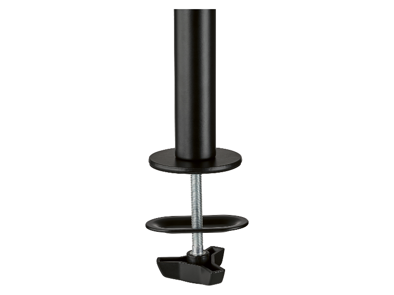 Een zwarte klem voor het bevestigen van een monitorarm.