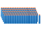 Blauwe Nerf darts met oranje punten gerangschikt in rijen.