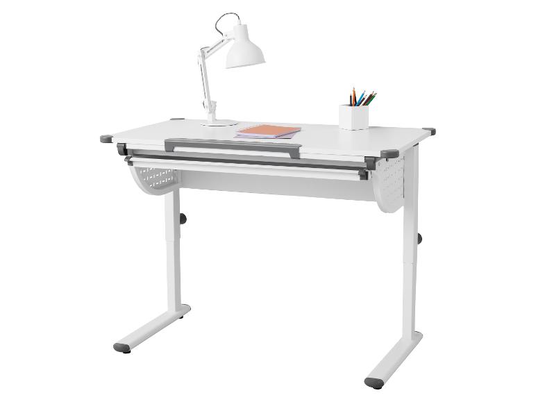 Wit verstelbaar kinderbureau met lamp, notitieboekje en pennenhouder.