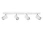 Een witte rail met vier draaibare LED-spots.