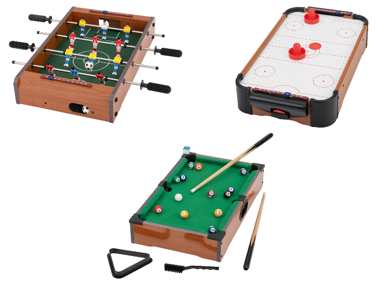 LUPILU® houten tafelspellen: tafelvoetbal, airhockey en minibiljart.