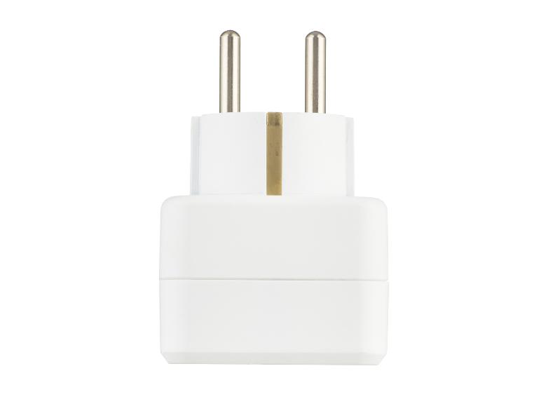 Witte reisadapter met twee metalen pinnen.