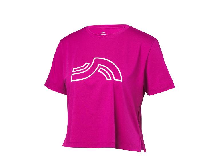 Fuchsia Crivit sport-T-shirt met korte mouwen en wit logo op de voorkant.