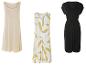 Drie zomerjurken voor dames: licht beige, wit met gele print en zwart.