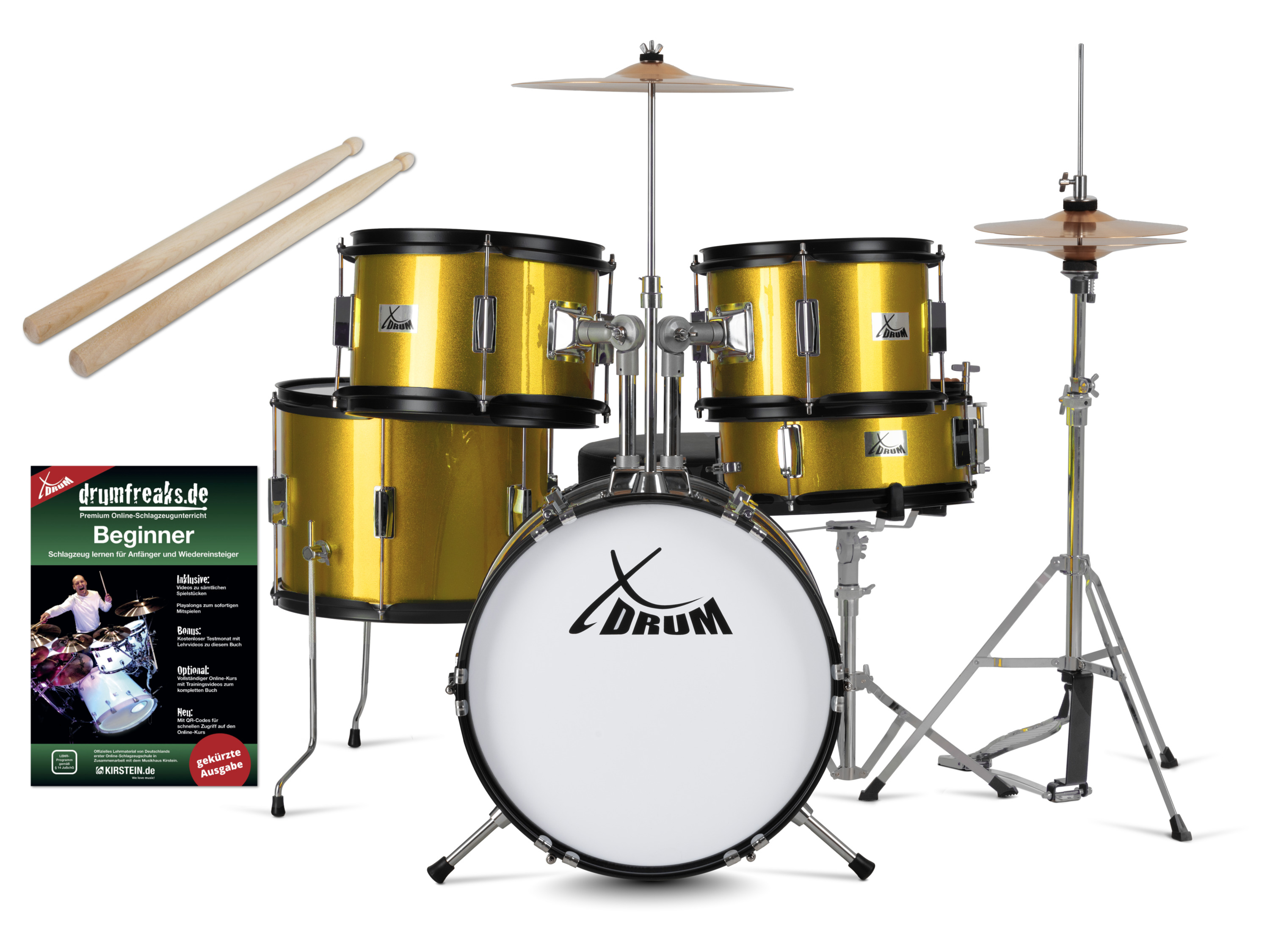 XDRUM Junior Pro Kinder Drumset (Goud Sparkle incl. lessen)