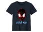 Donkerblauw kinder-T-shirt met een rood en zwart pailletten Spiderman-hoofd en de tekst 'SPIDER-MAN' eronder.