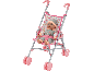 Roze poppenwagen met een pop erin.
