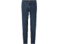 Donkerblauwe jeans met lichtbruine stiksels en metalen knopen.