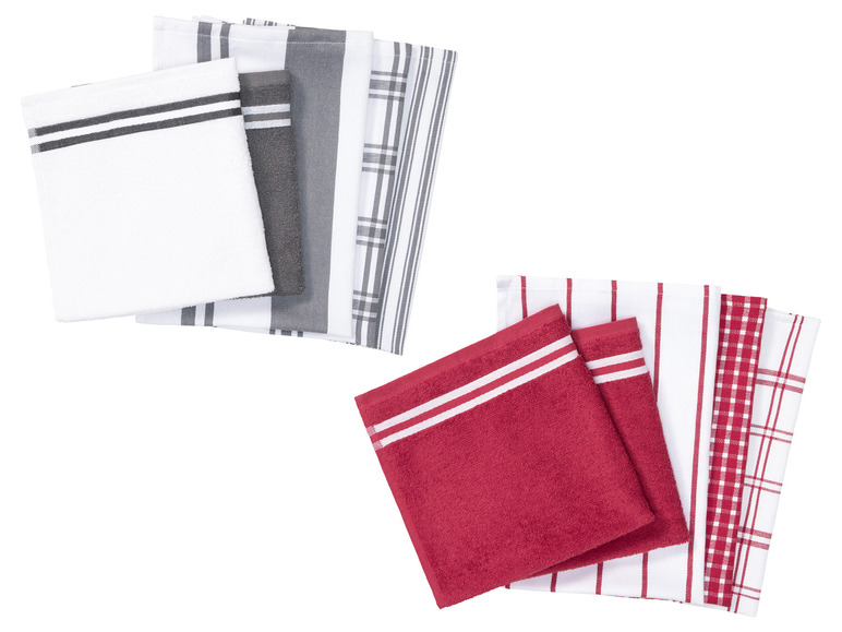 Keukenhanddoeken in grijs, wit en rood met strepen en ruitjes.