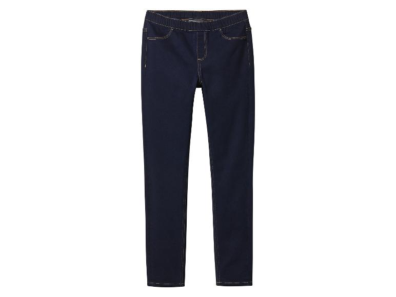 Donkerblauwe skinny jeans met elastische taille en contrasterende stiksels.