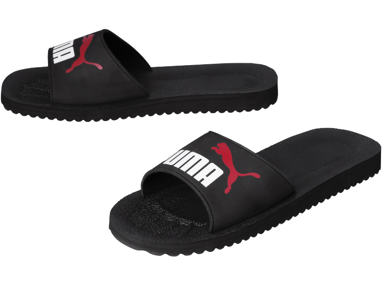 Zwarte Puma slippers met rood logo en witte tekst.