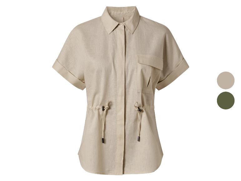 Beige linnen overhemd, korte mouwen, casual stijl.