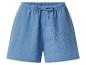 Blauwe katoenen damesshort met elastische tailleband en trekkoord.
