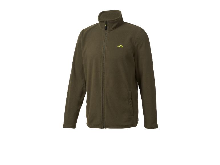 Olijfgroen fleecejack met rits en neongeel logo op de borst.