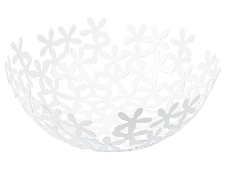 Witte metalen fruitschaal met bloemenmotief.